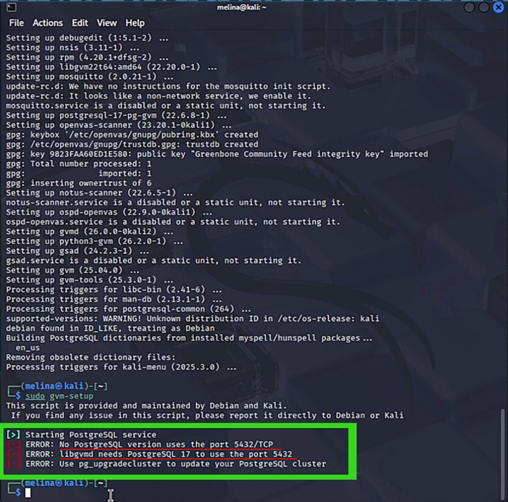 instalación de base de datos de openvas